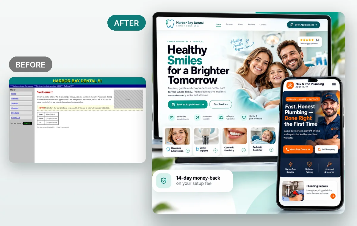 Before and after redesign concept for Harbor Bay Dental, a fictional business