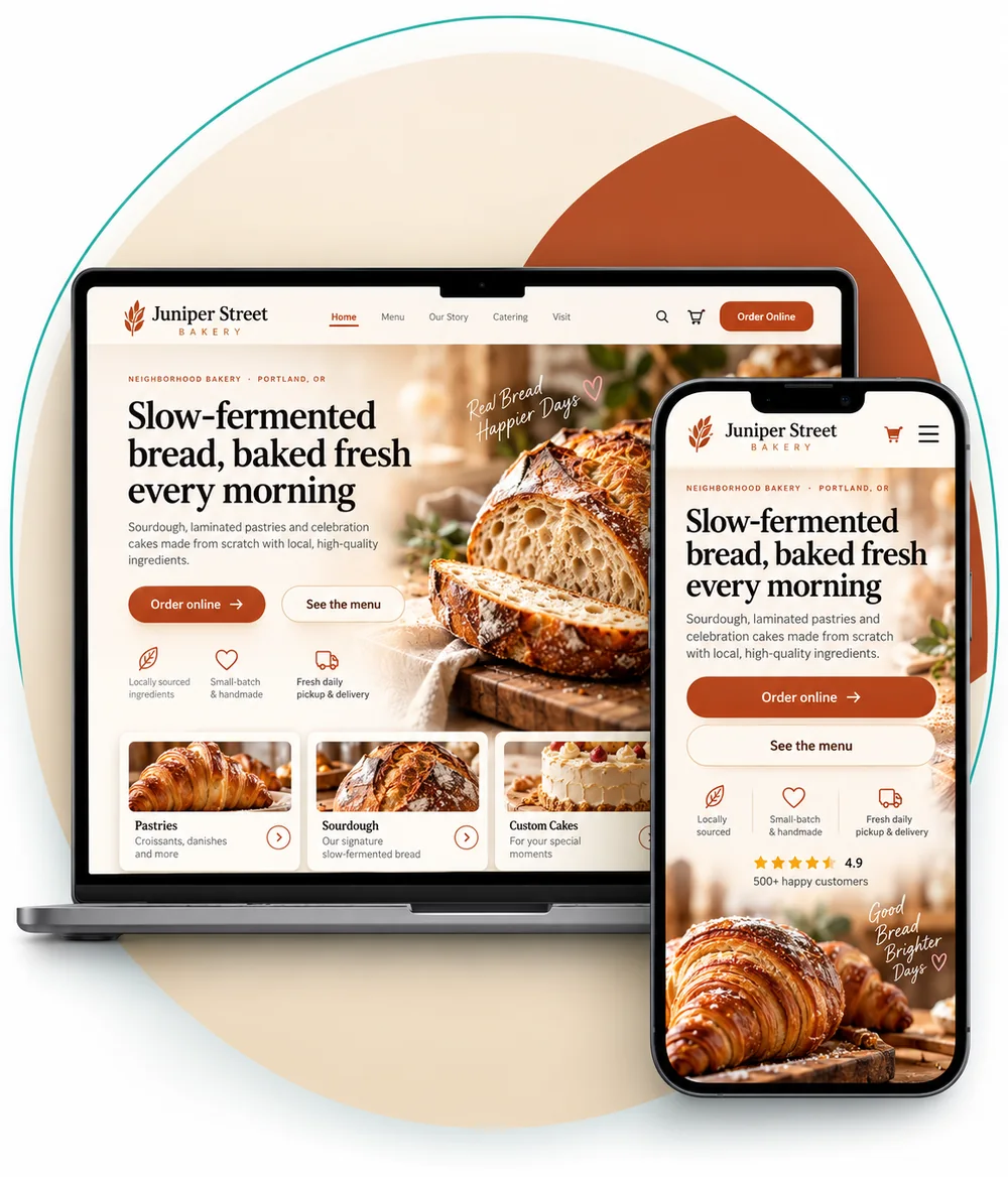 Redesign concept for a neighborhood bakery website on a laptop and a phone