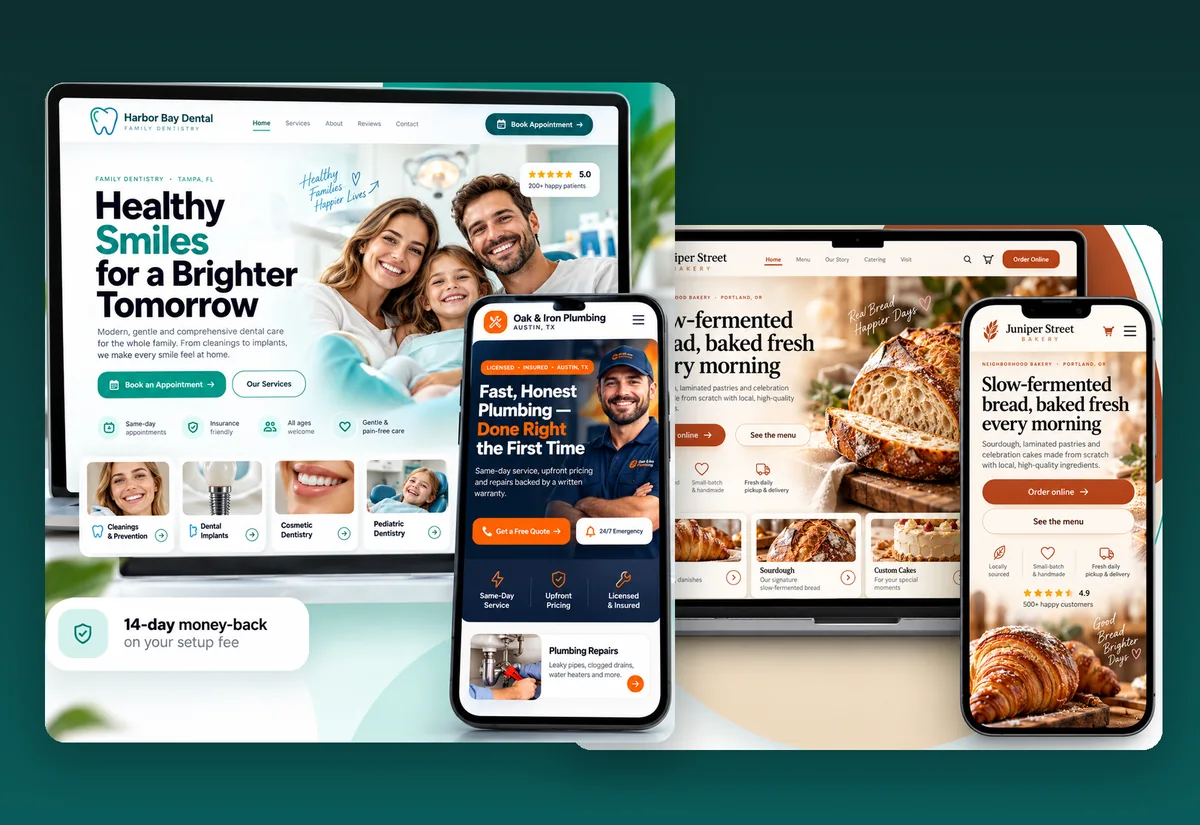 Examples of redesigned small-business websites on laptop and phones